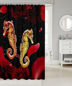 Nautical Sea Horse And Red Rose Shower Curtain For Adults.