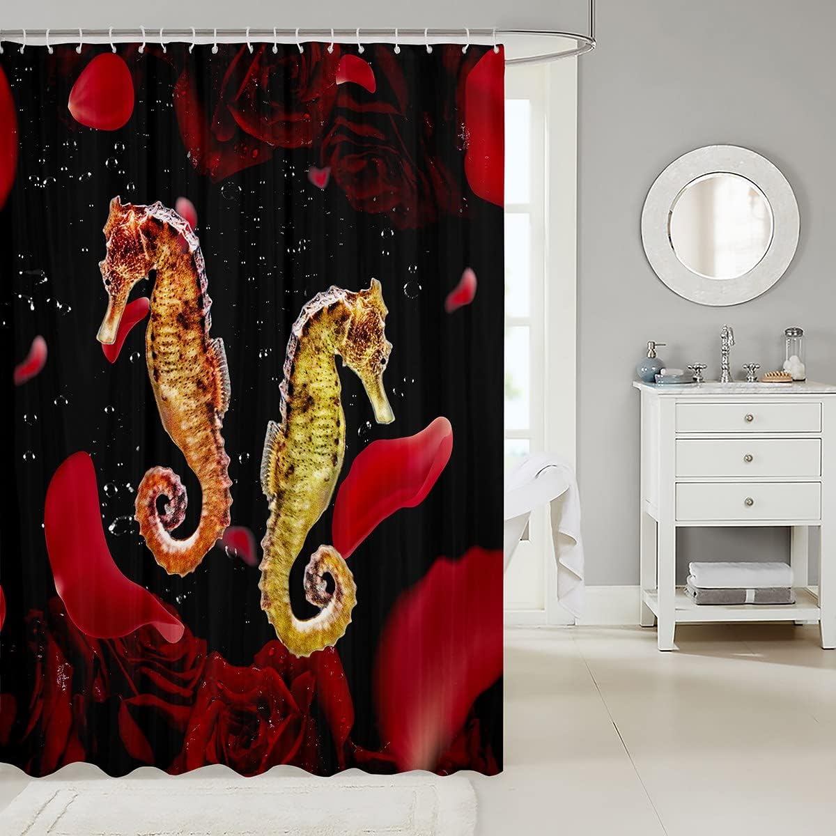 Nautical Sea Horse And Red Rose Shower Curtain For Adults.