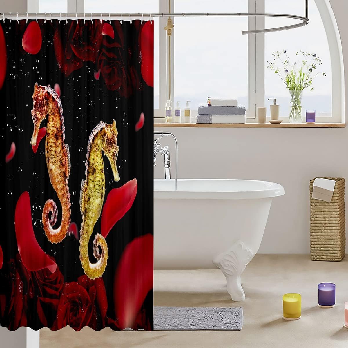 Nautical Sea Horse And Red Rose Shower Curtain For Adults.