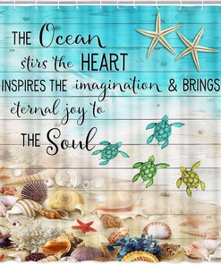 Nautical Sea Turtle Shower Curtain with Starfish and Seashell Designs - Rustic Wooden Board Bathroom Decor