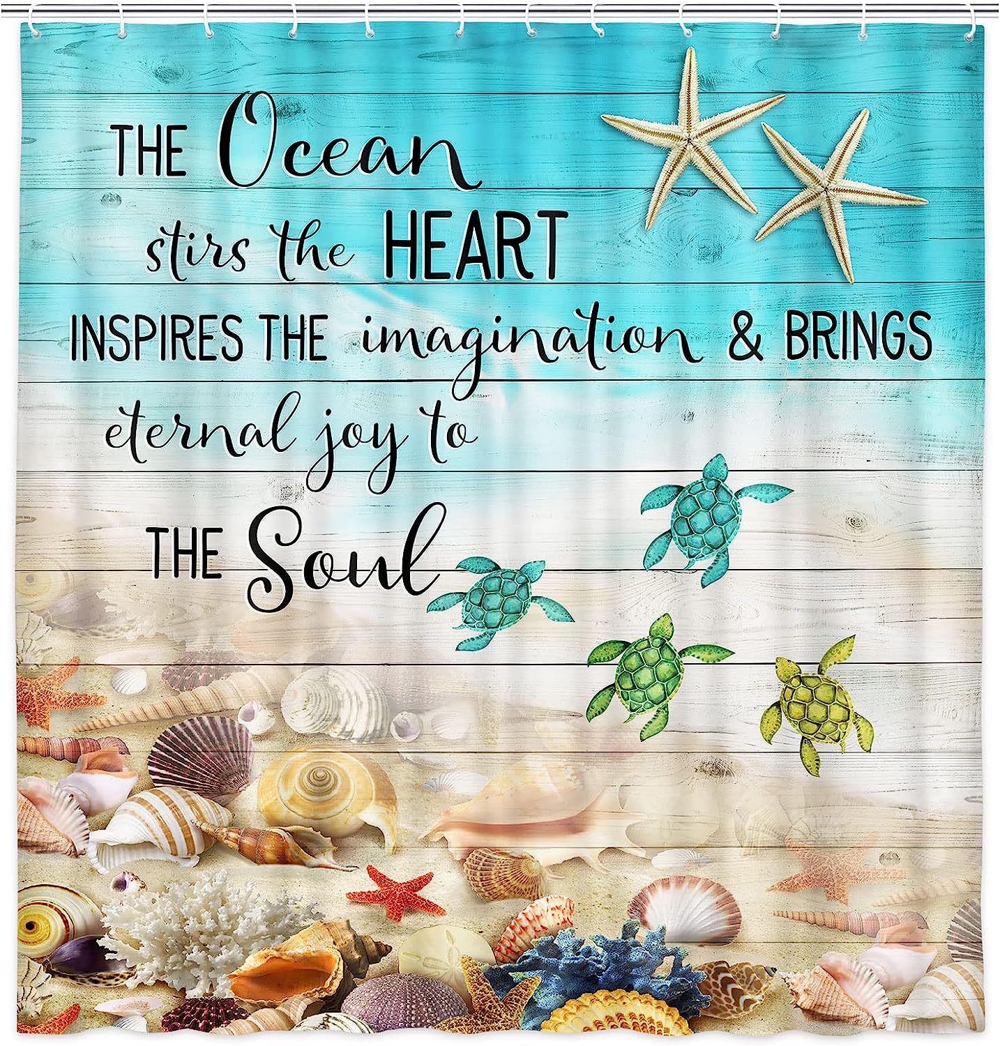 Nautical Sea Turtle Shower Curtain with Starfish and Seashell Designs - Rustic Wooden Board Bathroom Decor