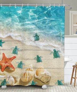 Nautical Sea Turtle Vintage Teal Ocean Beach Shower Curtain