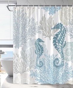 Nautical Seahorse Shower Curtain, Coastal Underwater Marine Life Bath Decoration