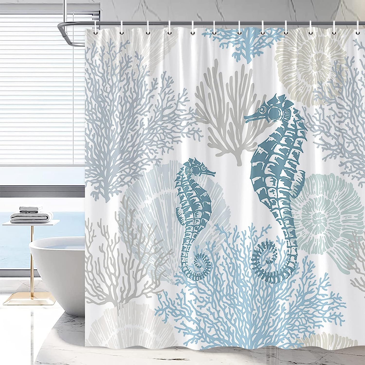 Nautical Seahorse Shower Curtain, Coastal Underwater Marine Life Bath Decoration
