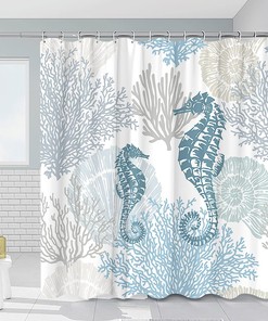 Nautical Seahorse Shower Curtain, Coastal Underwater Marine Life Bath Decoration