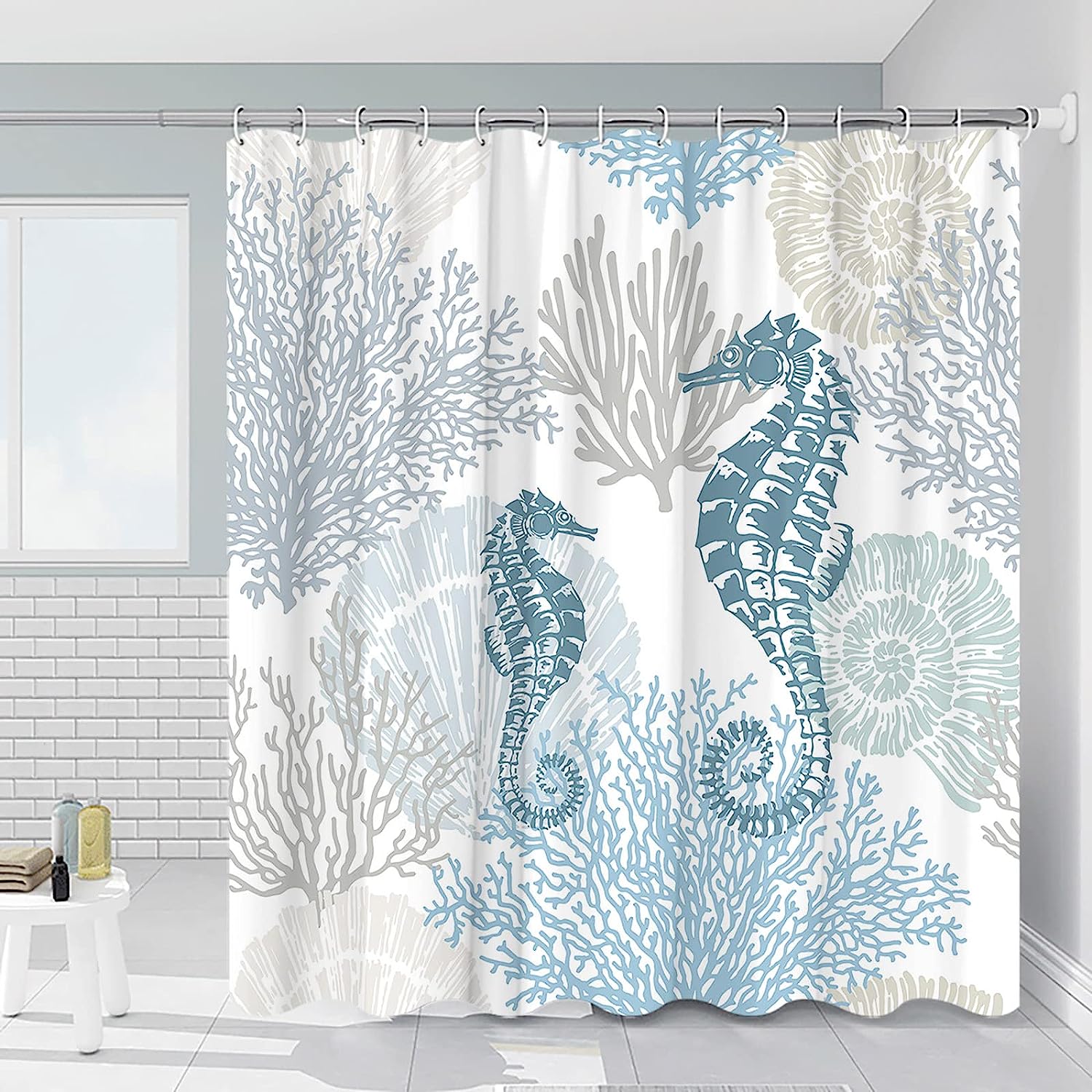 Nautical Seahorse Shower Curtain, Coastal Underwater Marine Life Bath Decoration