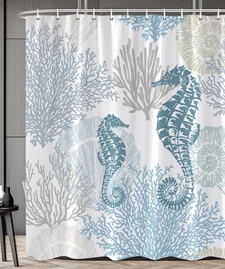 Nautical Seahorse Shower Curtain, Coastal Underwater Marine Life Bath Decoration