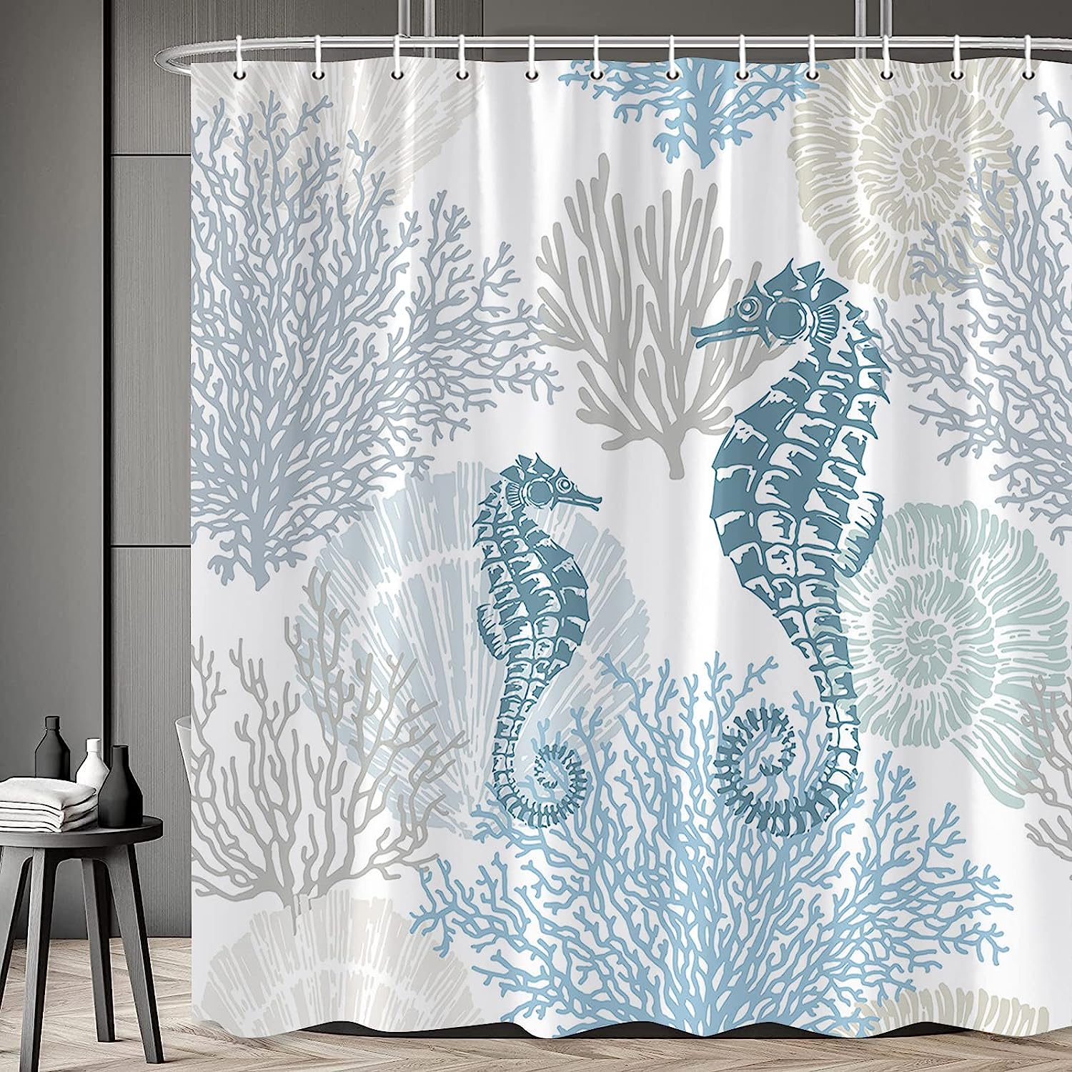Nautical Seahorse Shower Curtain, Coastal Underwater Marine Life Bath Decoration