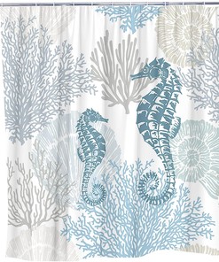 Nautical Seahorse Shower Curtain, Coastal Underwater Marine Life Bath Decoration