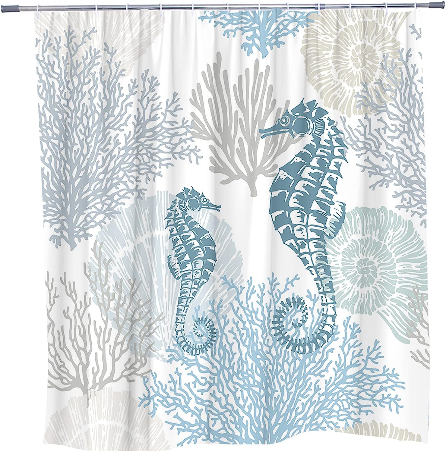 Nautical Seahorse Shower Curtain, Coastal Underwater Marine Life Bath Decoration