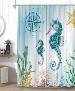 Nautical Seahorse Shower Curtain with Rustic Wooden Board and Ocean Dcor for Coastal Bathroom