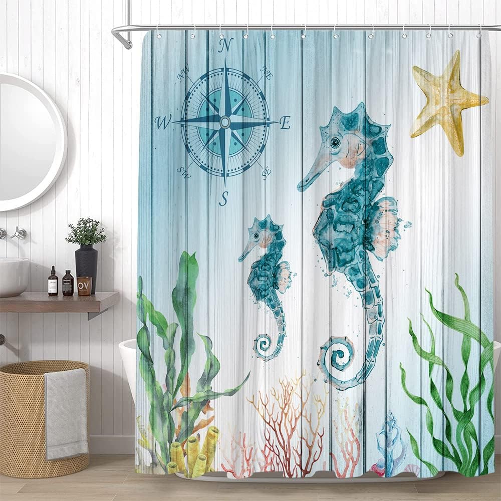 Nautical Seahorse Shower Curtain with Rustic Wooden Board and Ocean Dcor for Coastal Bathroom