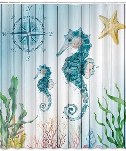 Nautical Seahorse Shower Curtain with Rustic Wooden Board and Ocean Dcor for Coastal Bathroom