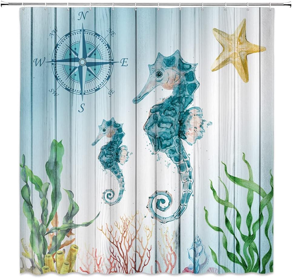 Nautical Seahorse Shower Curtain with Rustic Wooden Board and Ocean Dcor for Coastal Bathroom
