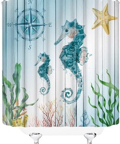 Nautical Seahorse Shower Curtain with Rustic Wooden Board and Ocean Dcor for Coastal Bathroom