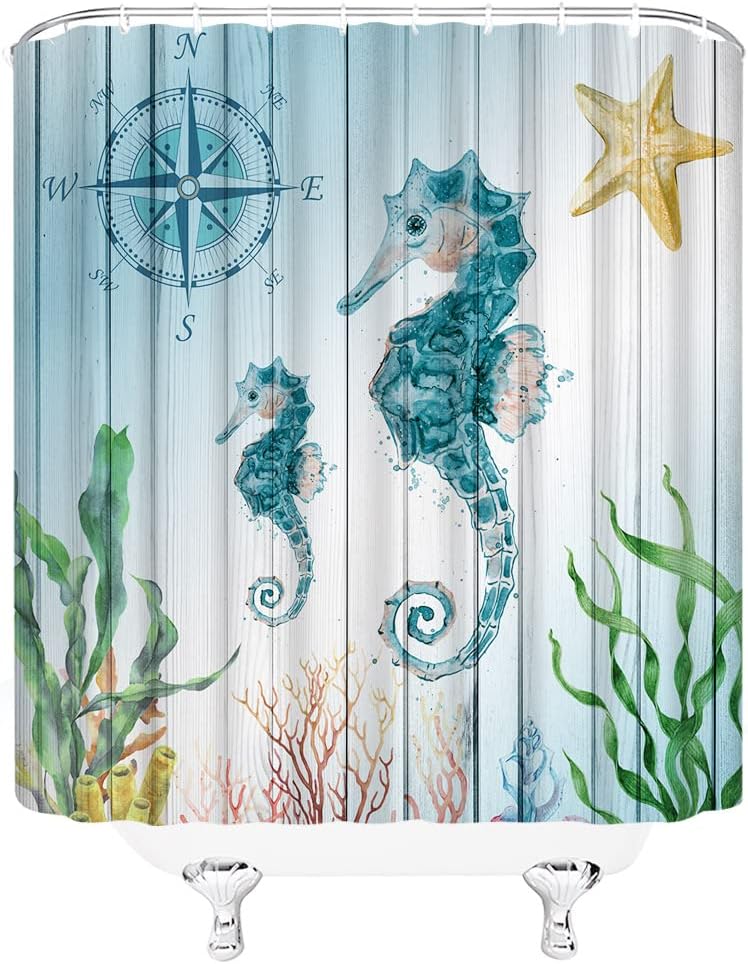 Nautical Seahorse Shower Curtain with Rustic Wooden Board and Ocean Dcor for Coastal Bathroom