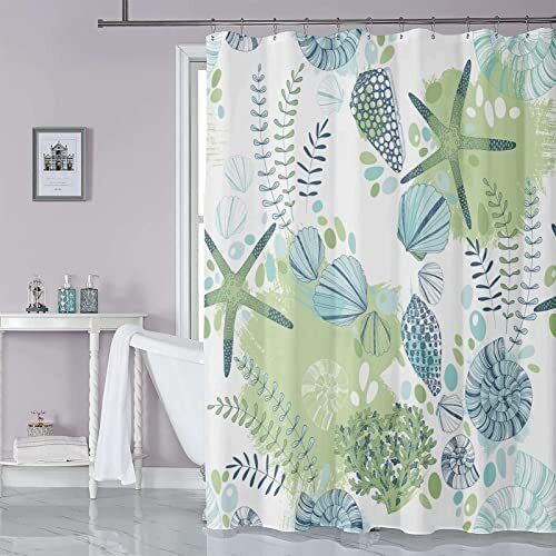 Nautical Seashell Decorative Fabric Shower Curtain With Coastal Starfish For Beach Themed Bathroom