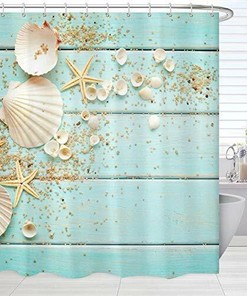 Nautical Seashells Shower Curtain, Colorful Starfish On Teal Wooden Board For Beachy Decor