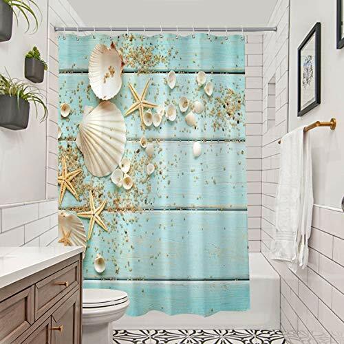 Nautical Seashells Shower Curtain, Colorful Starfish On Teal Wooden Board For Beachy Decor - Image 2