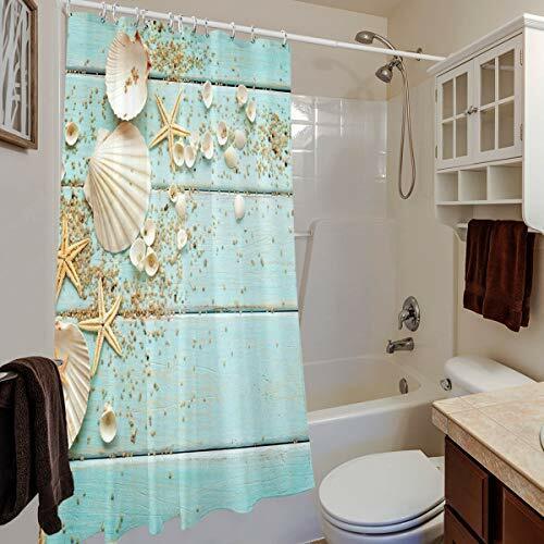 Nautical Seashells Shower Curtain, Colorful Starfish On Teal Wooden Board For Beachy Decor - Image 3