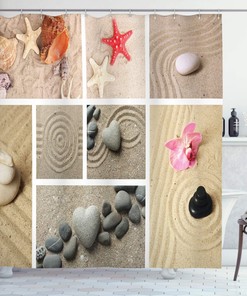 Nautical Seashells Shower Curtain, Sand Stones Starfishes Collage Print, Cloth Bathroom Decor
