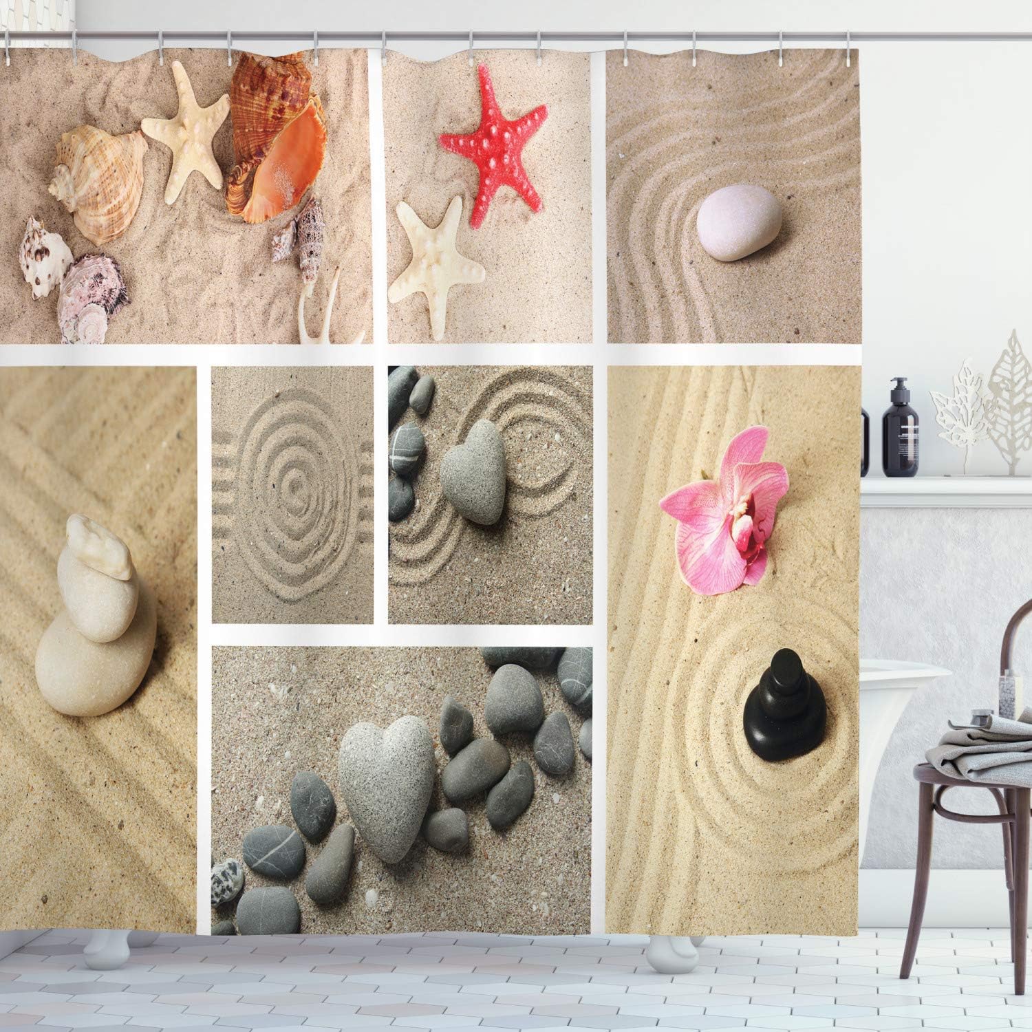 Nautical Seashells Shower Curtain, Sand Stones Starfishes Collage Print, Cloth Bathroom Decor