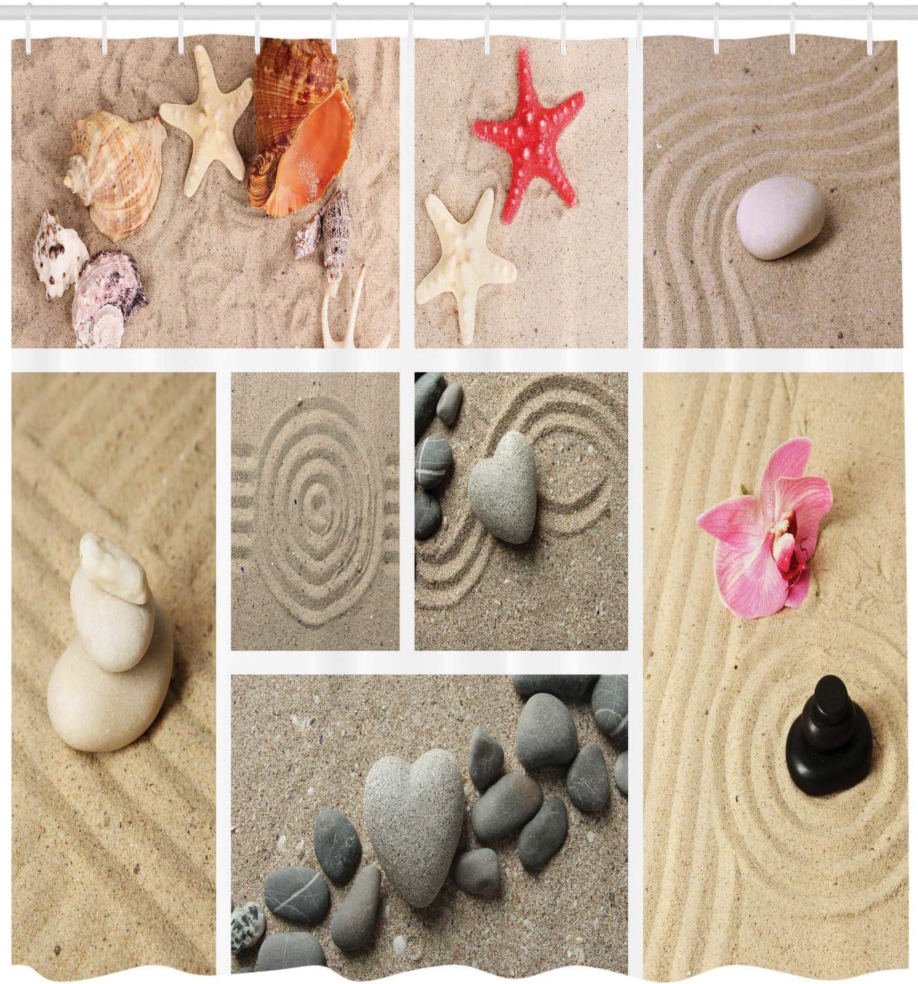 Nautical Seashells Shower Curtain, Sand Stones Starfishes Collage Print, Cloth Bathroom Decor - Image 2
