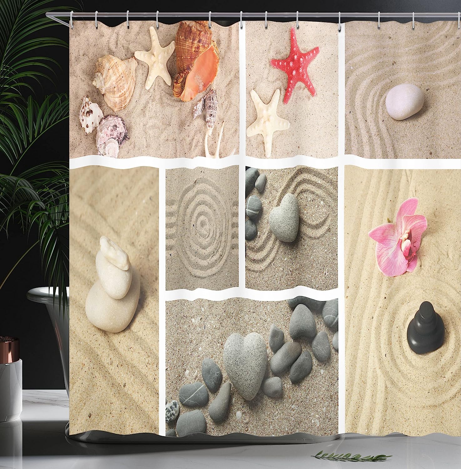 Nautical Seashells Shower Curtain, Sand Stones Starfishes Collage Print, Cloth Bathroom Decor - Image 3