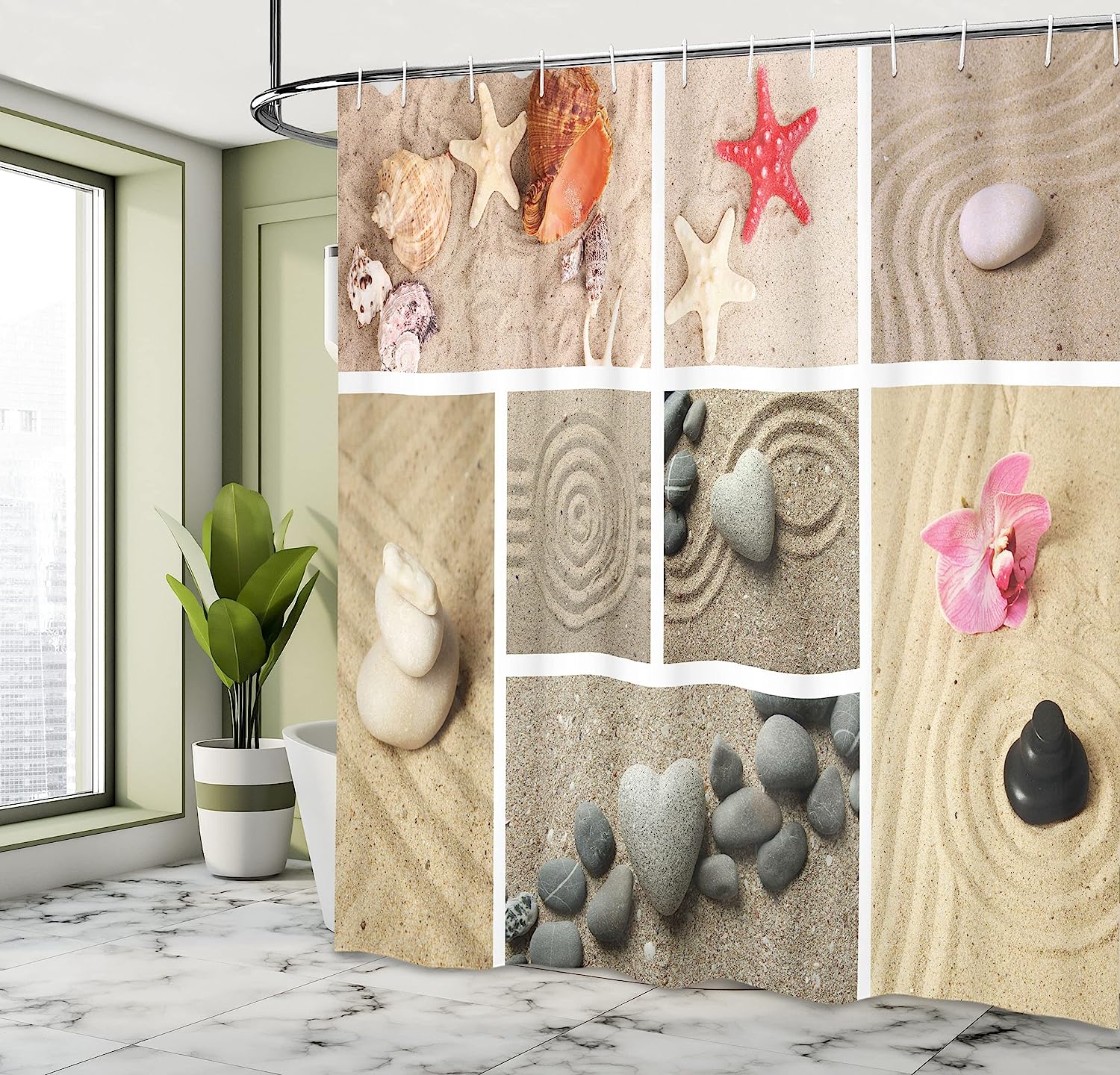 Nautical Seashells Shower Curtain, Sand Stones Starfishes Collage Print, Cloth Bathroom Decor - Image 4