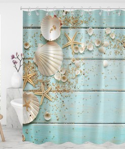 Nautical Seashells and Starfish on Teal Wooden Board Shower Curtain - Waterproof Modern Fabric Bathroom Shower Curtain