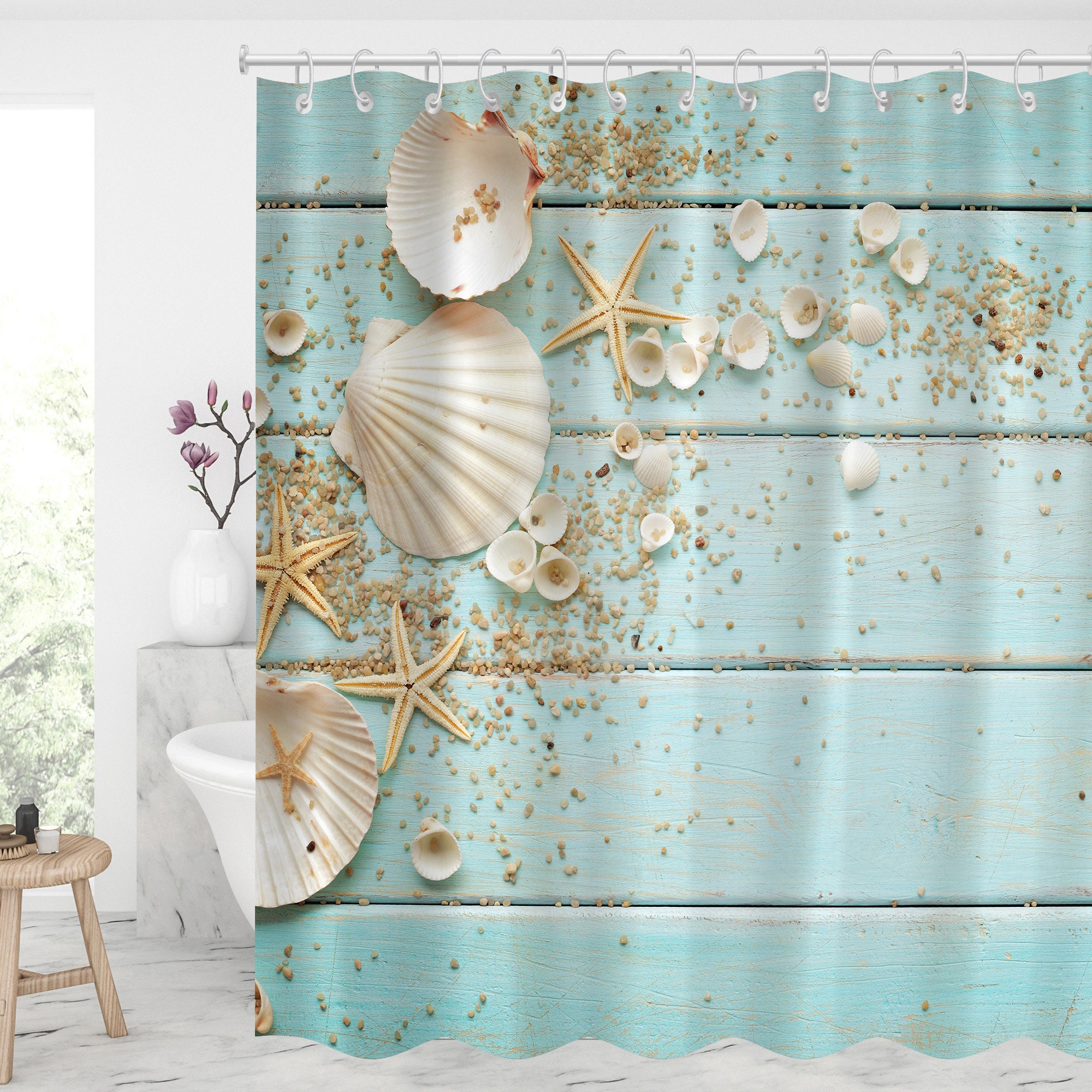 Nautical Seashells and Starfish on Teal Wooden Board Shower Curtain - Waterproof Modern Fabric Bathroom Shower Curtain