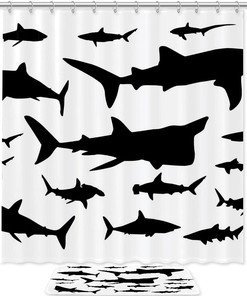 Nautical Shark Design Shower Set With Waterproof Fabric And Bathroom Accessories