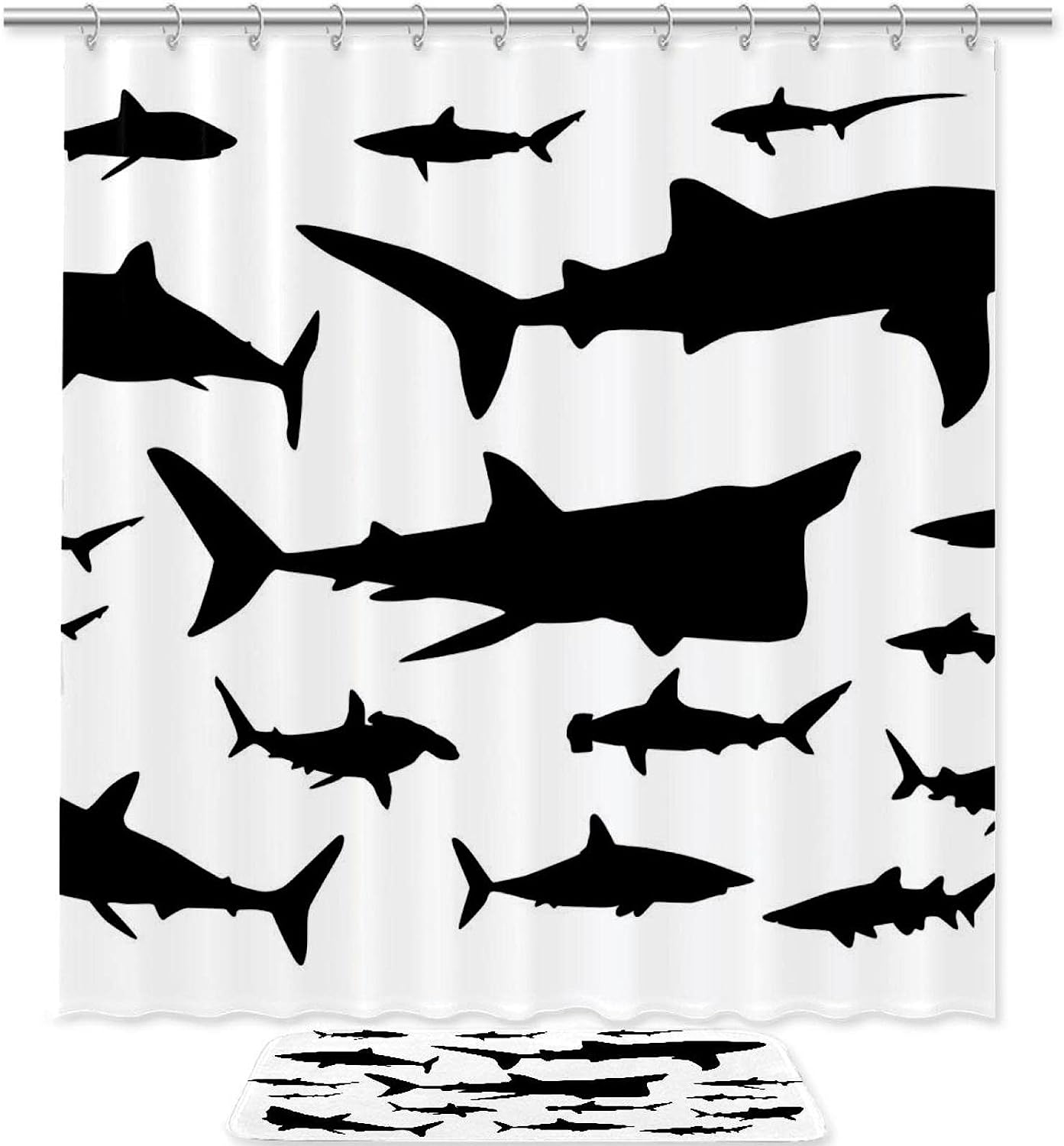 Nautical Shark Design Shower Set With Waterproof Fabric And Bathroom Accessories