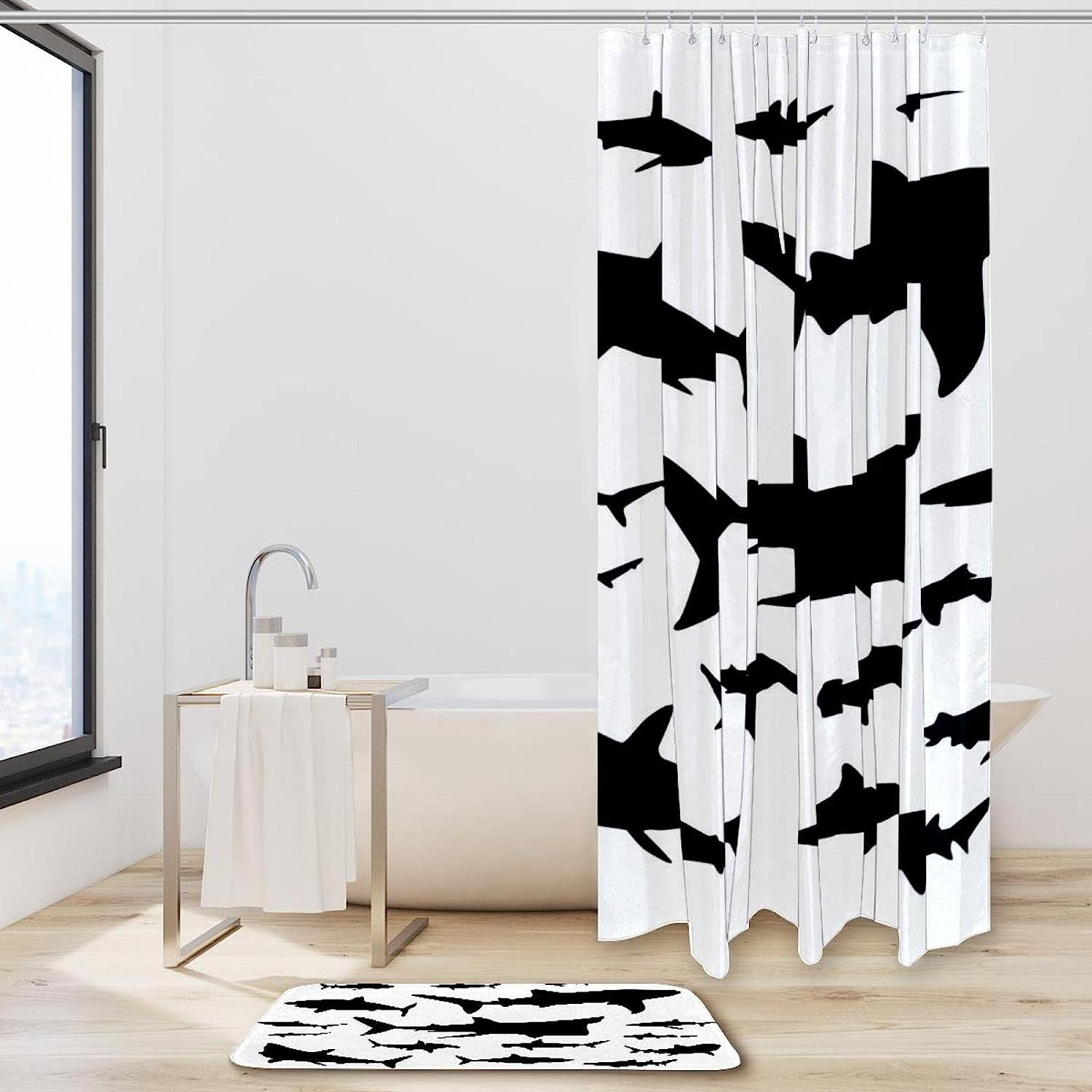 Nautical Shark Design Shower Set With Waterproof Fabric And Bathroom Accessories - Image 2
