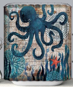 Nautical Shells Design Blue Fabric Shower Curtain with Octopus Print