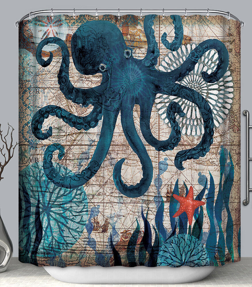 Nautical Shells Design Blue Fabric Shower Curtain with Octopus Print