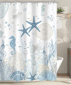 Nautical Shower Curtain - Coastal Ocean Theme with Undersea Life, Starfish and Coral