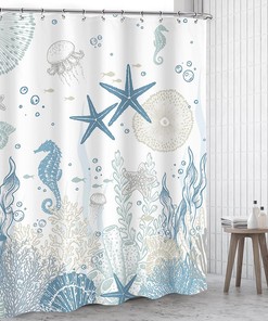 Nautical Shower Curtain - Coastal Ocean Theme with Undersea Life, Starfish and Coral