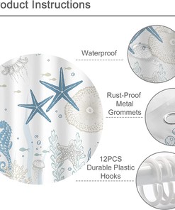 Nautical Shower Curtain - Coastal Ocean Theme with Undersea Life, Starfish and Coral