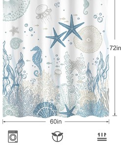Nautical Shower Curtain - Coastal Ocean Theme with Undersea Life, Starfish and Coral