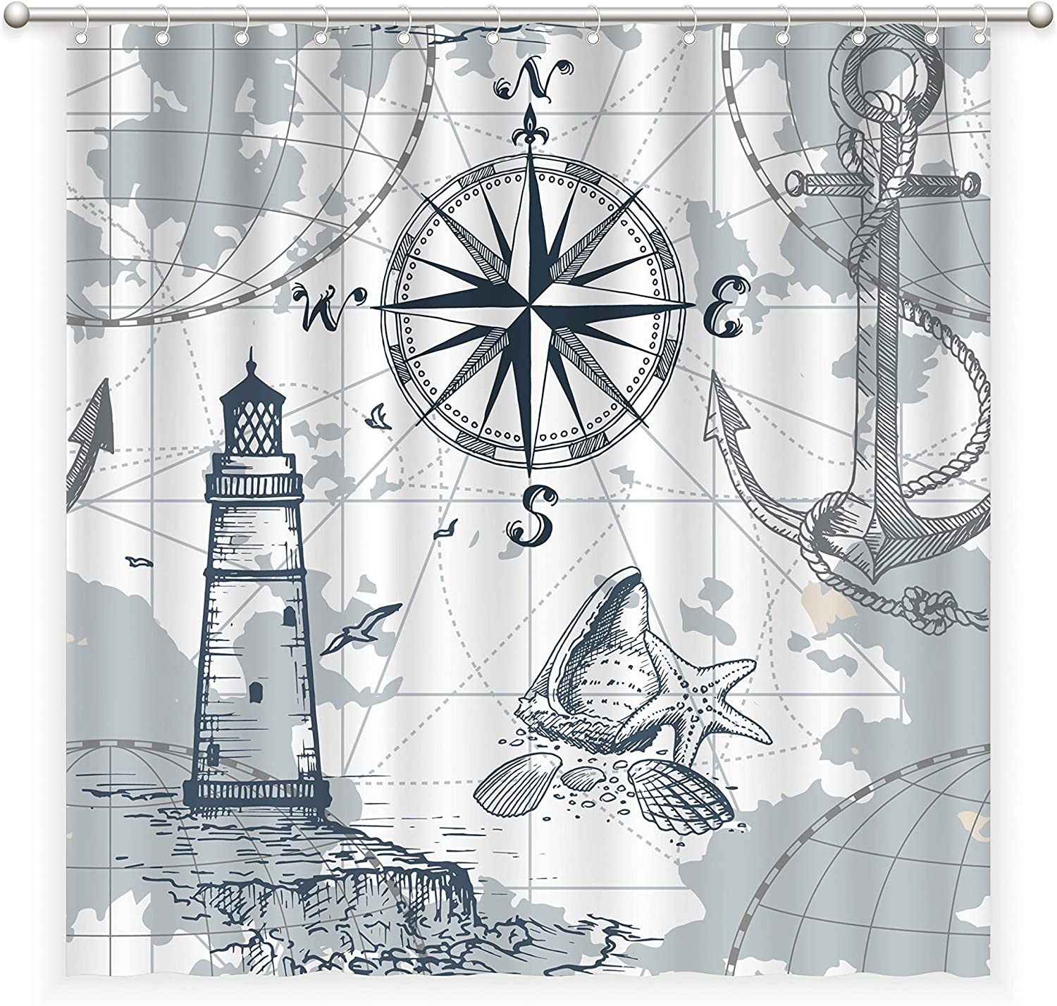 Nautical Shower Curtain, Grey Navy Blue Coastal Theme For Your Bathroom