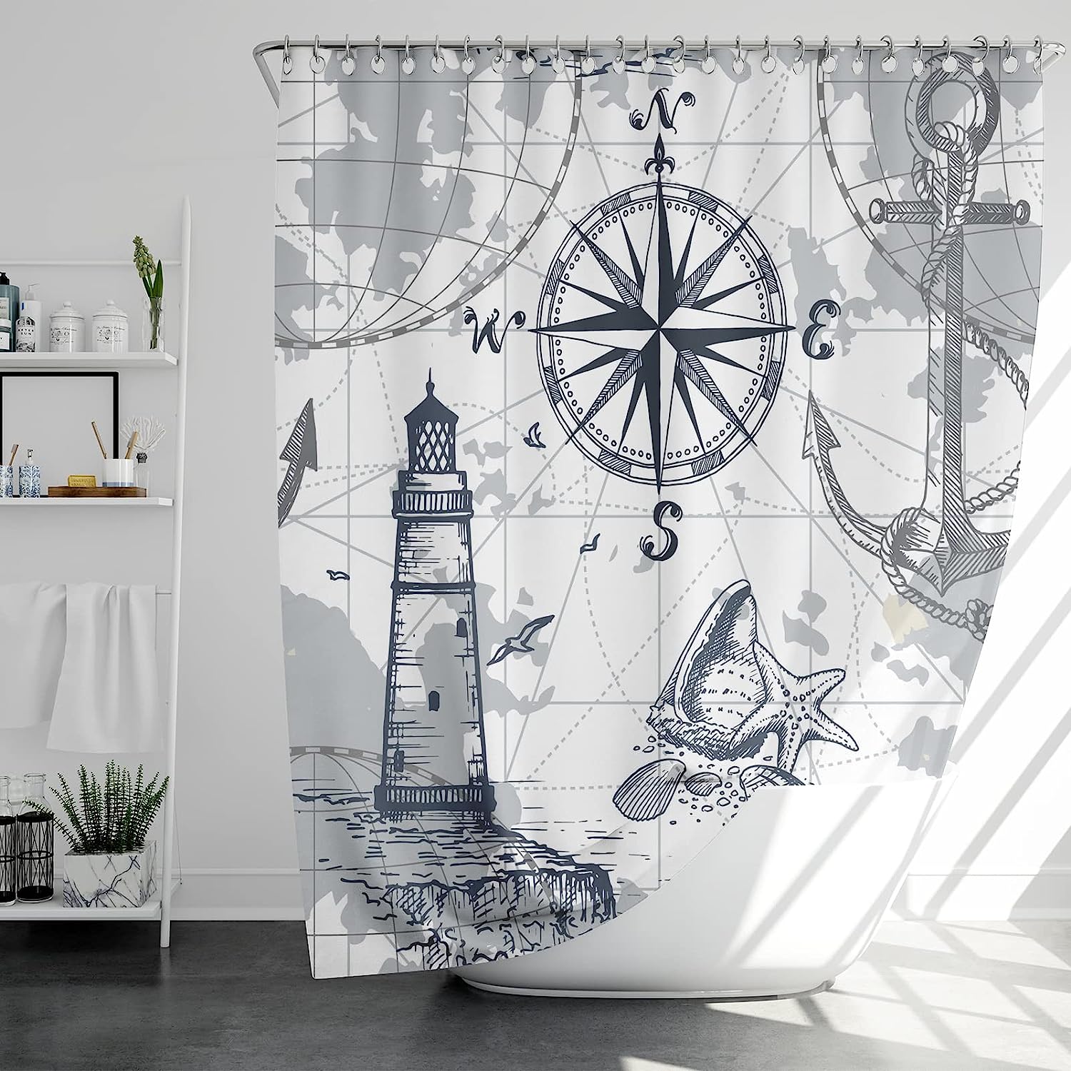 Nautical Shower Curtain, Grey Navy Blue Coastal Theme For Your Bathroom - Image 2