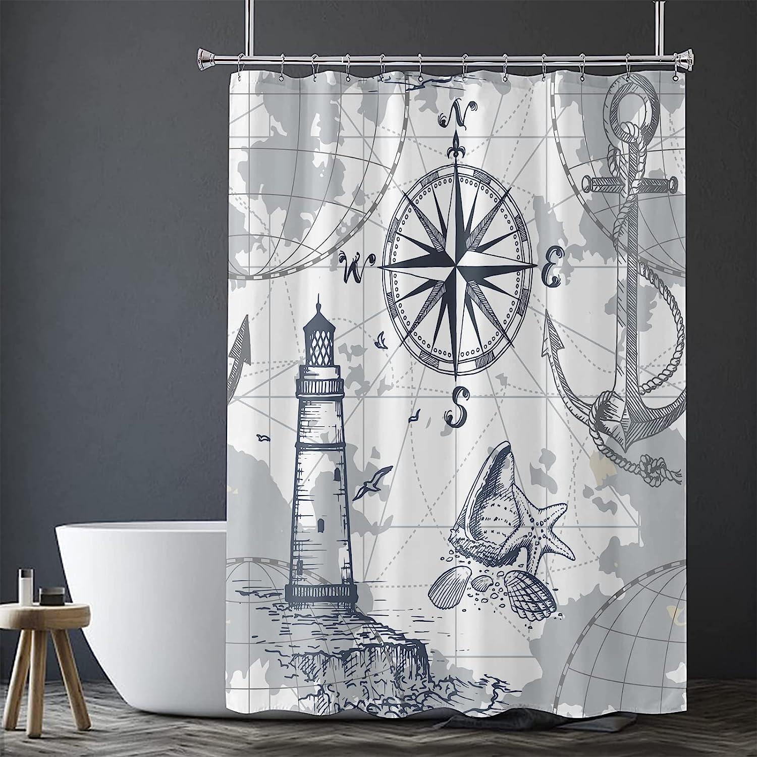 Nautical Shower Curtain, Grey Navy Blue Coastal Theme For Your Bathroom - Image 3