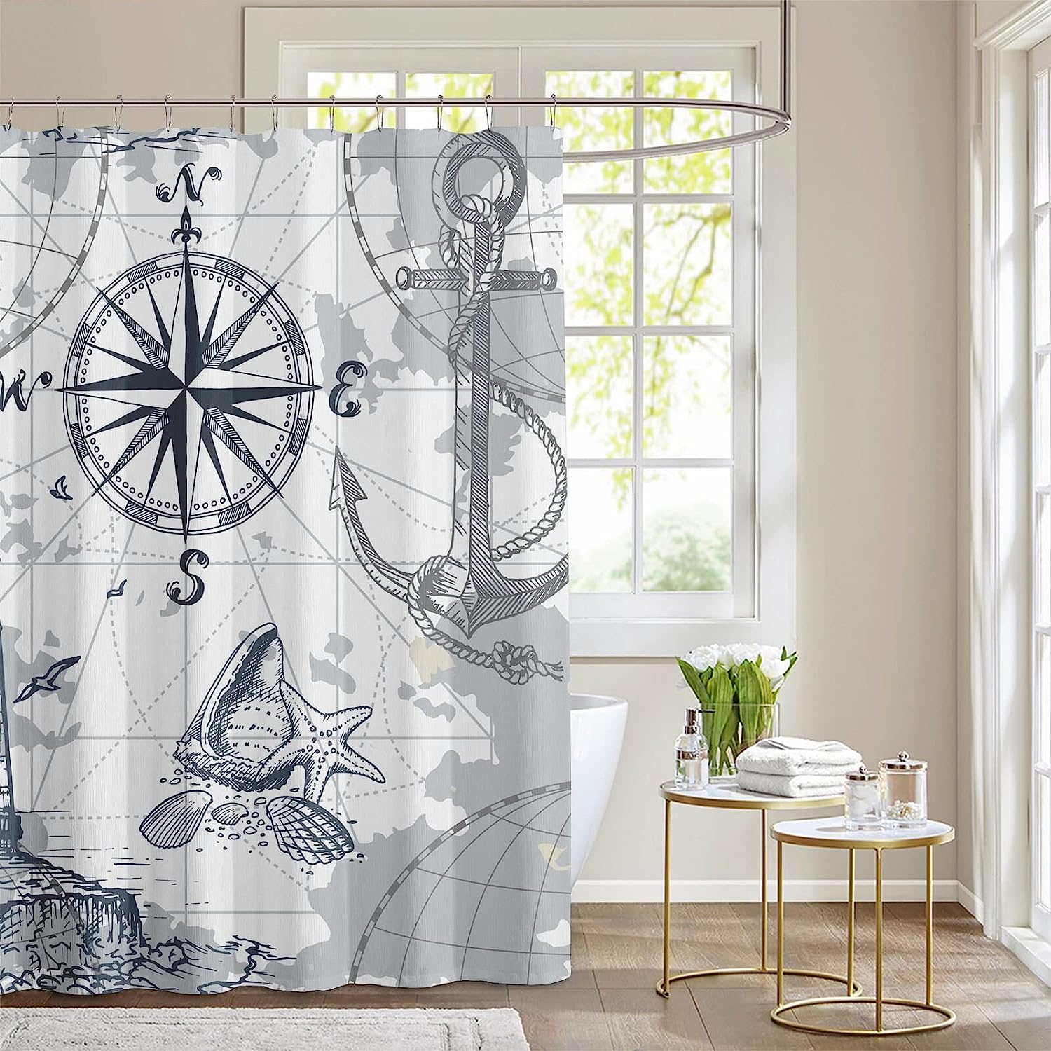Nautical Shower Curtain, Grey Navy Blue Coastal Theme For Your Bathroom - Image 4