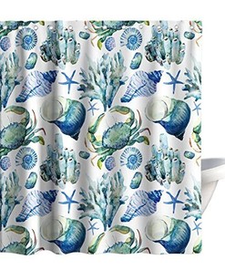 Nautical Shower Curtain Seashell Starfish Coral Crab Conch Theme Fabric
