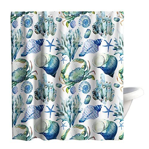 Nautical Shower Curtain Seashell Starfish Coral Crab Conch Theme Fabric