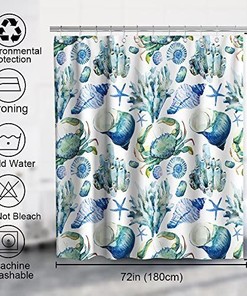 Nautical Shower Curtain Seashell Starfish Coral Crab Conch Theme Fabric