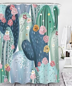 Nautical Shower Curtain With Cactus Flower Design - Watercolor Tropical Design And Succulent Plant Bathroom Decor