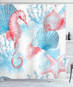 Nautical Shower Curtain With Seashell, Seahorse, Coral, Fish, And Sandy Beach Print