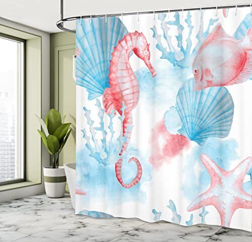 Nautical Shower Curtain With Seashell, Seahorse, Coral, Fish, And Sandy Beach Print - Image 4